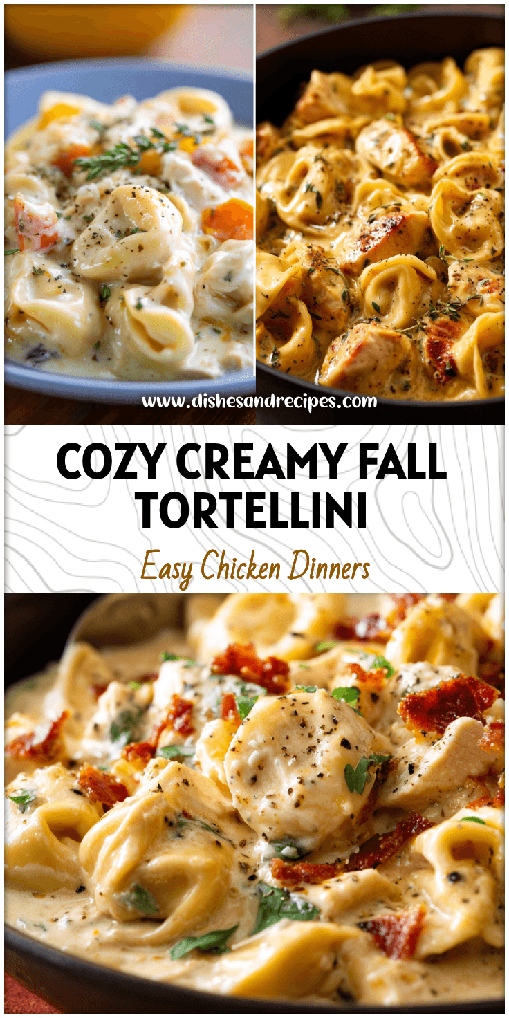 Creamy chicken tortellini fall skillet with cheese tortellini and fall vegetables in a creamy sauce.